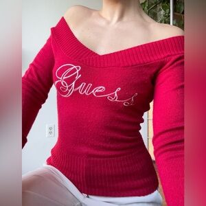 Guess Y2K Off the Shoulder Ribbed Knit Sweater - Size S
